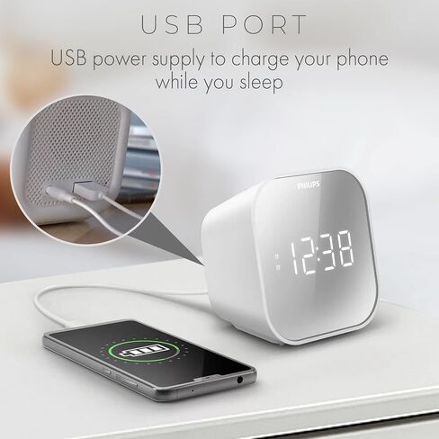 PHILIPS Alarm Clock Radio with USB Charging Port, FM Radio Alarm Digital Clocks for Bedrooms with Battery Backup, Clock Radios for Bedroom, USB Port, Dual Alarm Function, Sleep Timer, Mirror Finish in Saudi Arabia