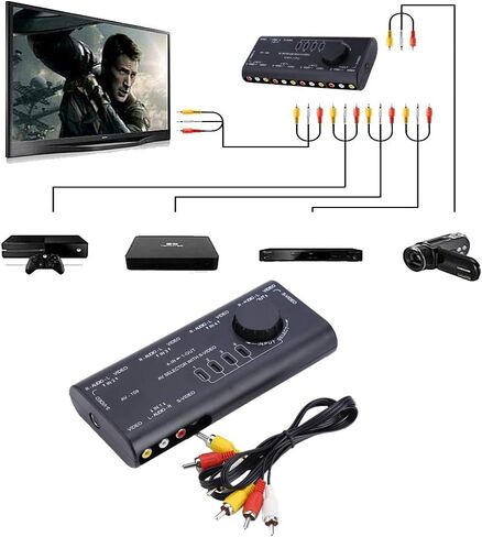 4 in 1 Out AV Switch Box, Out Composite Audio Video Signal Switcher with Cable for Set Top Box DVD VCD TV Screen pc Audio Video Switcher Black in Saudi Arabia