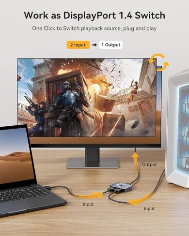 فيلكوم موزع منفذ عرض 8K، توصيل وتشغيل، مفتاح بزر واحد، صندوق محول منفذ عرض ثنائي الاتجاه 2 في 1 مخرج/1 في 2 مخرج، 8K عند 30Hz، 4K@120Hz، 2K@144Hz لشاشة الكمبيوتر واللابتوب وغيرها in Kuwait