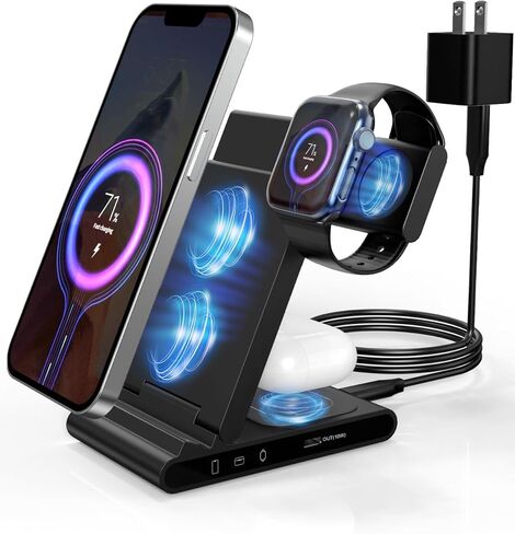 4 in 1 Wireless Charging Station, GEODMAER Wireless Charger with USB C Fast Charging Port Compatible with iPhone 14 13 12, Fast Wireless Charging Stand Compatible for iWatch, Airpods(With 35W Adapter) in Kuwait