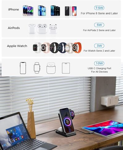 4 in 1 Wireless Charging Station, GEODMAER Wireless Charger with USB C Fast Charging Port Compatible with iPhone 14 13 12, Fast Wireless Charging Stand Compatible for iWatch, Airpods(With 35W Adapter) in Kuwait