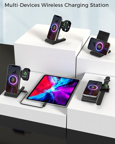 4 in 1 Wireless Charging Station, GEODMAER Wireless Charger with USB C Fast Charging Port Compatible with iPhone 14 13 12, Fast Wireless Charging Stand Compatible for iWatch, Airpods(With 35W Adapter) in Kuwait