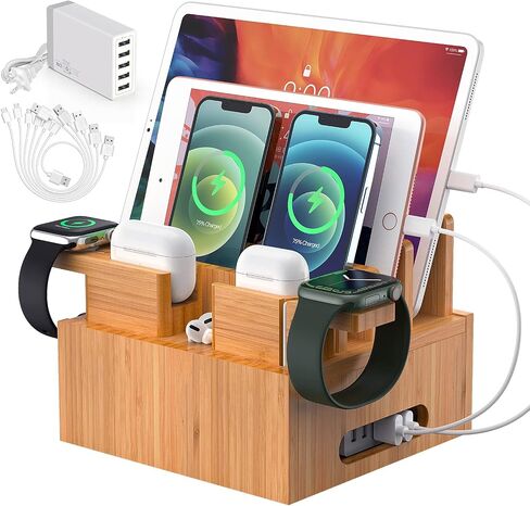 Pezin & Hulin Bamboo Phone Charging Station with 5-Port Charger & 5 Cables in Saudi Arabia