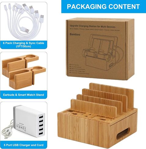 Pezin & Hulin Bamboo Phone Charging Station with 5-Port Charger & 5 Cables in Saudi Arabia