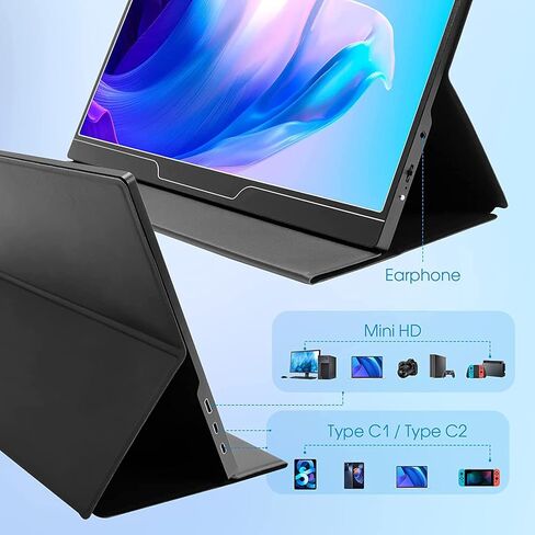 شاشة محمولة ELECROW 15.6 بوصة FHD 1080P شاشة كمبيوتر محمول محمول USB C HDMI شاشة خارجية للكمبيوتر المحمول سطح المكتب اللوحي GA ming شاشة إضافية مع سماعات مدمجة وجراب ذكي in Kuwait