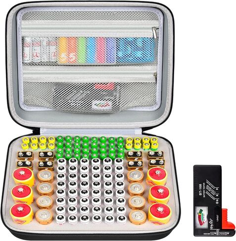 حقيبة تخزين منظم البطارية، 118+ بطاريات، صندوق حاوية لحمل البطاريات، جيوب شبكية مزدوجة لـ AA AAA 9V C D مع جهاز اختبار البطارية BT-168 (البطاريات غير متضمنة) in Kuwait