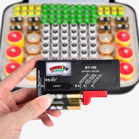 حقيبة تخزين منظم البطارية، 118+ بطاريات، صندوق حاوية لحمل البطاريات، جيوب شبكية مزدوجة لـ AA AAA 9V C D مع جهاز اختبار البطارية BT-168 (البطاريات غير متضمنة) in Kuwait