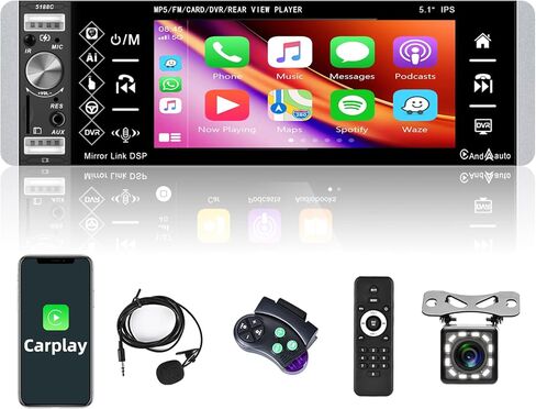 1 Din Single Din Car Stereo with Apple Carplay & Android Auto, Rimoody Bluetooth 5.1'' 1 Din Touchscreen Car Radio with USB/AUX/SD Card Input, Backup Camera, FM Car Radio in Saudi Arabia