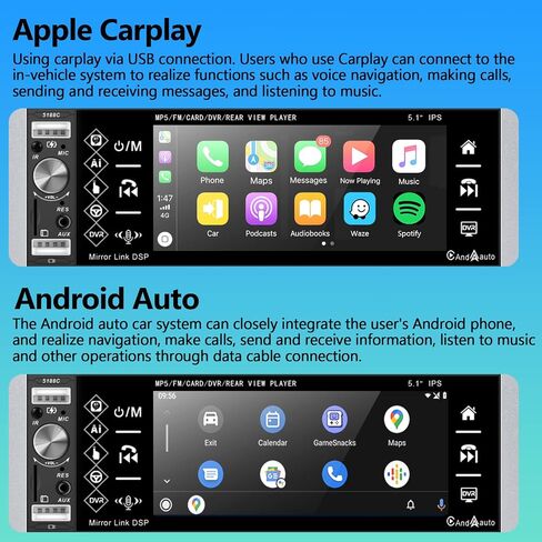 1 Din Single Din Car Stereo with Apple Carplay & Android Auto, Rimoody Bluetooth 5.1'' 1 Din Touchscreen Car Radio with USB/AUX/SD Card Input, Backup Camera, FM Car Radio in Saudi Arabia