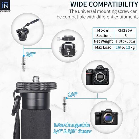 INNOREL RM325A كاميرا Monopod احترافية محمولة 5 أقسام مدمجة للسفر من سبائك الألومنيوم Monopod لكاميرا Canon Nikon Sony DSLR كاميرا فيديو DV دعامة تصوير فوتوغرافي تحميل 26 رطل/12 كجم in Kuwait