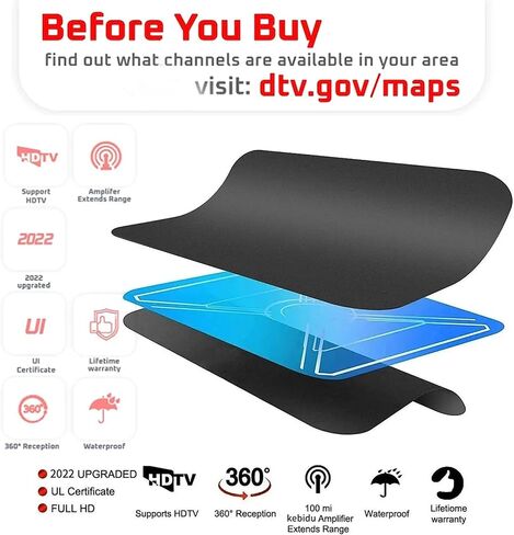 هوائي تلفزيون رقمي عالي الدقة يصل إلى 200 ميل، يدعم 4K 1080p جميع أجهزة التلفزيون على القنوات المحلية VHF UHF، مضخم صوت معزز للإشارة قابل للفصل وكابل HDTV محوري بطول 10 أقدام in Kuwait