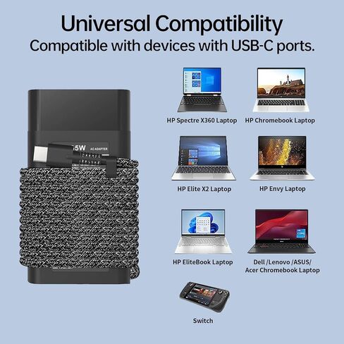 شاحن DMKAOLLK Chromebook USB-C 65 وات رفيع لشاحن الكمبيوتر المحمول HP، بديل لشاحن HP Elitebook/Spectre/Envy x360/Elite X2/ProBook/Pavilion شاحن الكمبيوتر، شاحن سريع من النوع C محول الطاقة in Saudi Arabia