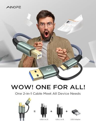 AINOPE Printer Cable to USB A, 480Mbps Printer USB B to USB C MIDI Cable in Kuwait