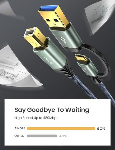AINOPE Printer Cable to USB A, 480Mbps Printer USB B to USB C MIDI Cable in Kuwait