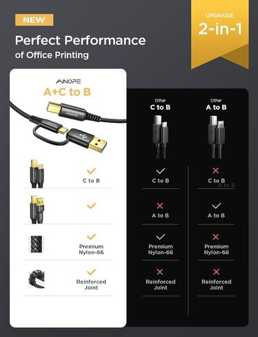 AINOPE Printer Cable to USB A, 480Mbps Printer USB B to USB C MIDI Cable in Kuwait