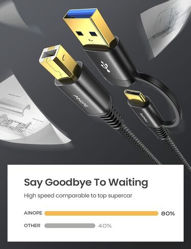 AINOPE Printer Cable to USB A, 480Mbps Printer USB B to USB C MIDI Cable in Kuwait