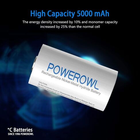 POWEROWL Rechargeable C Batteries with 4 Bay Battery Charger, USB Quick Charging, for AA AAA C D Ni-MH Ni-CD Rechargeable Batteries -4 Count in Kuwait