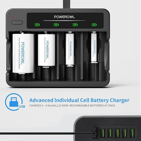 POWEROWL Rechargeable C Batteries with 4 Bay Battery Charger, USB Quick Charging, for AA AAA C D Ni-MH Ni-CD Rechargeable Batteries -4 Count in Kuwait