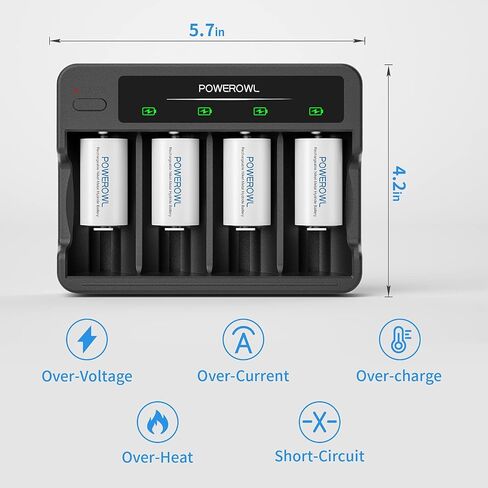 POWEROWL Rechargeable C Batteries with 4 Bay Battery Charger, USB Quick Charging, for AA AAA C D Ni-MH Ni-CD Rechargeable Batteries -4 Count in Kuwait