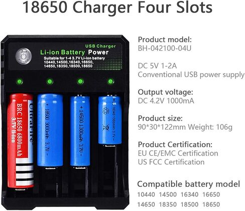 شاحن بطارية 18650 4 Bay Fast Charge، لبطاريات 3.7V Li-ion TR IMR 10440 14500 16650 14650 18350 18500 16340(RCR123)، شاحن USB ذكي عالمي قابل لإعادة الشحن in Saudi Arabia