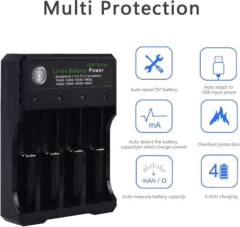 شاحن بطارية 18650 4 Bay Fast Charge، لبطاريات 3.7V Li-ion TR IMR 10440 14500 16650 14650 18350 18500 16340(RCR123)، شاحن USB ذكي عالمي قابل لإعادة الشحن in Saudi Arabia