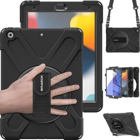 BRAECN iPad 9th/8th/7th Generation Case, iPad 10.2 2021/2020/2019 Case with Built in Screen Protector, Hand Strap, Swiveling Stand, Carrying Strap, Heavy Duty Rugged Case for iPad 10.2 Inch -Black