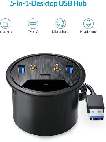 موزع USB 3.0 بحلقة تثبيت للمكتب مع منفذي نوع A و1 نوع C وميكروفون ومقبس صوت، سلك بطول 4.9 قدم لثقب بقطر 60 ملم، منظم كابلات سطح المكتب، ملحقات الكمبيوتر المكتبية المنزلية in Kuwait