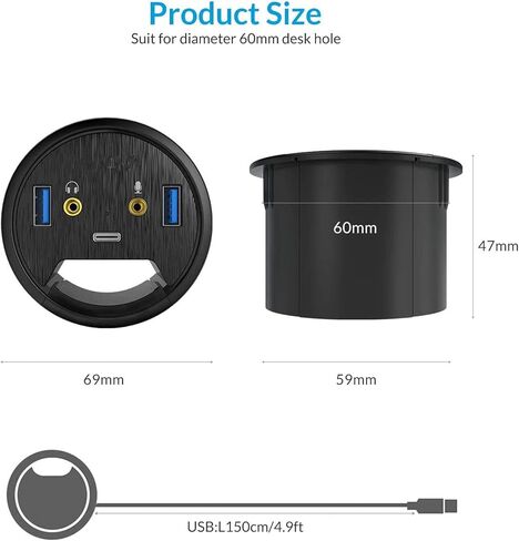 موزع USB 3.0 بحلقة تثبيت للمكتب مع منفذي نوع A و1 نوع C وميكروفون ومقبس صوت، سلك بطول 4.9 قدم لثقب بقطر 60 ملم، منظم كابلات سطح المكتب، ملحقات الكمبيوتر المكتبية المنزلية in Kuwait