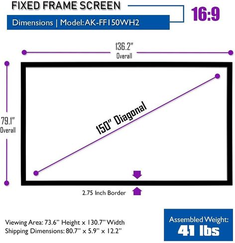 Akia Screens Fixed Frame Projector Screen 135-Inch, 16:9, Wall Mount, CINEWHITE UHD-B, 4K/8K Ready, Indoor Home Theater, AK-FF135WH2 in Kuwait