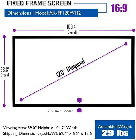 شاشة عرض بإطار ثابت من Akia مقاس 135 بوصة، 16:9، حامل على الحائط، CINEWHITE UHD-B، جاهزة 4K/8K، مسرح منزلي داخلي، AK-FF135WH2 in Kuwait
