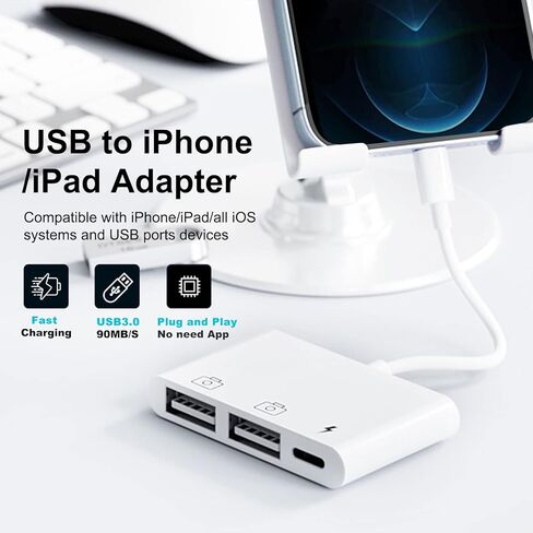محول AMLLXEN iPad USB، محول USB إلى iPhone ثنائي USB مع منفذ شحن، محول USB للإضاءة لجهاز iPhone/iPad، متوافق مع محرك فلاش USB والكاميرا والماوس ولوحة المفاتيح، يدعم iOS 9.2 إلى 16+ in Kuwait
