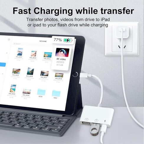 محول AMLLXEN iPad USB، محول USB إلى iPhone ثنائي USB مع منفذ شحن، محول USB للإضاءة لجهاز iPhone/iPad، متوافق مع محرك فلاش USB والكاميرا والماوس ولوحة المفاتيح، يدعم iOS 9.2 إلى 16+ in Kuwait