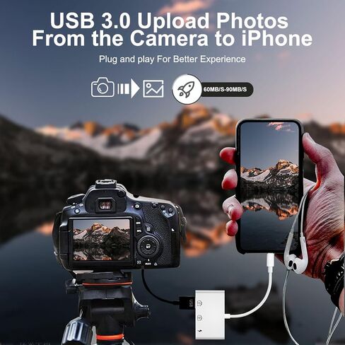 محول AMLLXEN iPad USB، محول USB إلى iPhone ثنائي USB مع منفذ شحن، محول USB للإضاءة لجهاز iPhone/iPad، متوافق مع محرك فلاش USB والكاميرا والماوس ولوحة المفاتيح، يدعم iOS 9.2 إلى 16+ in Kuwait
