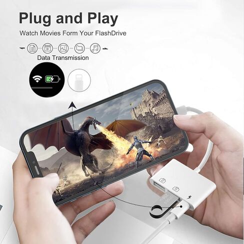 محول AMLLXEN iPad USB، محول USB إلى iPhone ثنائي USB مع منفذ شحن، محول USB للإضاءة لجهاز iPhone/iPad، متوافق مع محرك فلاش USB والكاميرا والماوس ولوحة المفاتيح، يدعم iOS 9.2 إلى 16+ in Kuwait