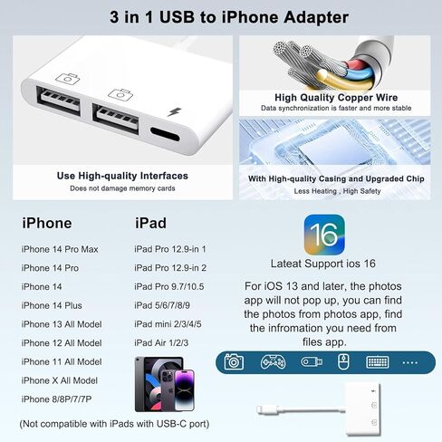 محول AMLLXEN iPad USB، محول USB إلى iPhone ثنائي USB مع منفذ شحن، محول USB للإضاءة لجهاز iPhone/iPad، متوافق مع محرك فلاش USB والكاميرا والماوس ولوحة المفاتيح، يدعم iOS 9.2 إلى 16+ in Kuwait