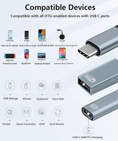 محول USB C الى USB مع شحن من النوع C، مقسم او تي جي 2 في 1 نوع C 3.0 مع شحن سريع 18 واط متوافق مع جالكسي اس 21 اس 20 اس 20 بلس نوت 20/10 سويتش وال جي في 40 في 30 جي 8 وجوجل بكسل 4 اكس ال وجوجل تي في in Kuwait
