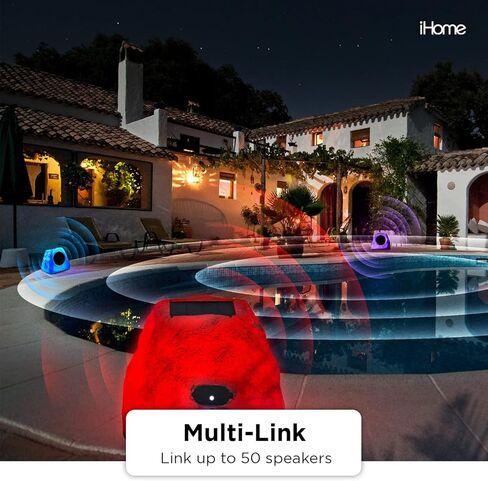 iHome IHRK-500LTMS-PR Solar Powered Rechargeable Battery Powered Wireless Weatherproof 30 Watt Pool Garden Outdoor Glow LED Light Show Night Day Rock Speaker with Multi Link Surround Sound Pair in Kuwait
