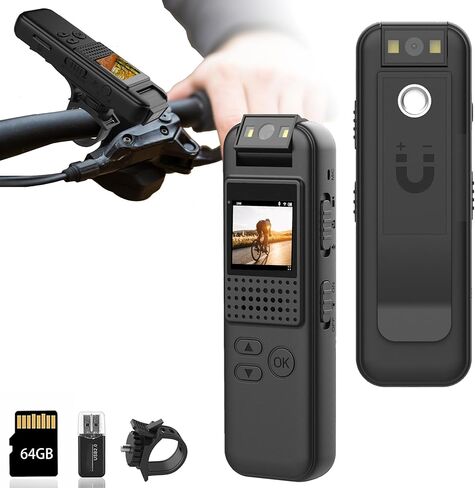 كاميرا الجسم مع تسجيل 1080 بكسل، شاشة 0.9 بوصة وعدسة دوارة 180 درجة، بطاقة مغناطيسية مدمجة/بطاقة 64 جيجابايت مع رؤية ليلية، بطارية تدوم 4 ساعات، كاميرا شرطة يمكن ارتداؤها للمنزل/الخارج/إنفاذ القانون/حارس الأمن in Kuwait