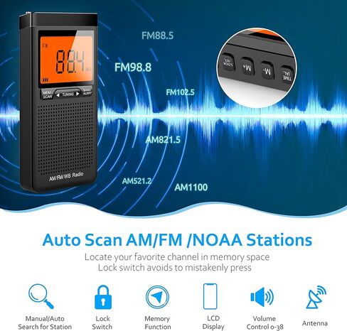 غريديو راديو تنبيه الطقس من نوا، راديو ترانزستور محمول يعمل بالبطارية ايه ام/اف ام مع مقبس سماعة راس، افضل استقبال، ساعة رقمية، شاشة LCD، راديو جيب للمكتب وغرفة النوم والجري والمشي in Kuwait