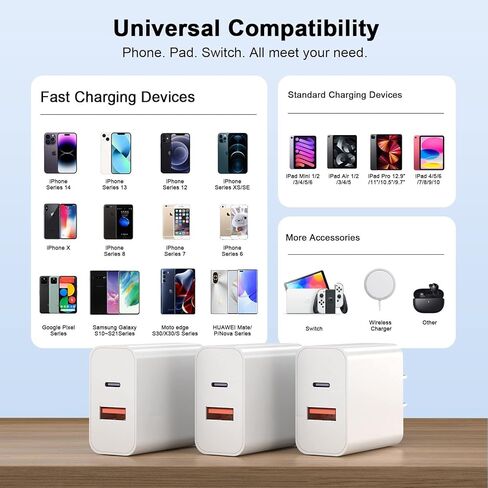 شاحن iPhone سريع، شاحن USB C، [معتمد من Apple MFi] 3 عبوات 20 وات بمنفذ مزدوج USB-C + USB-A محول شحن سريع لـ iPhone14/13/13Pro Max/12 Mini/12 Pro Max/11/XS/XR/ اكس/8، آيباد، إيربودز برو ماكس in Kuwait