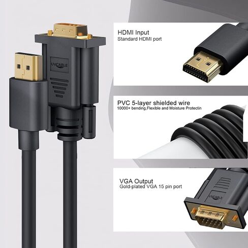 HDMI to VGA Cable 5-Pack, 3.3ft Computer HDMI to VGA Monitor Cable Adapter Male to MaleCord for Computer, Desktop, Laptop, PC, Monitor, Projector, HDTV, and More (NOT Bidirectional) | Compatible with Computer, Desktop, Laptop, PC, Monitor, Projector, HDTV in Kuwait
