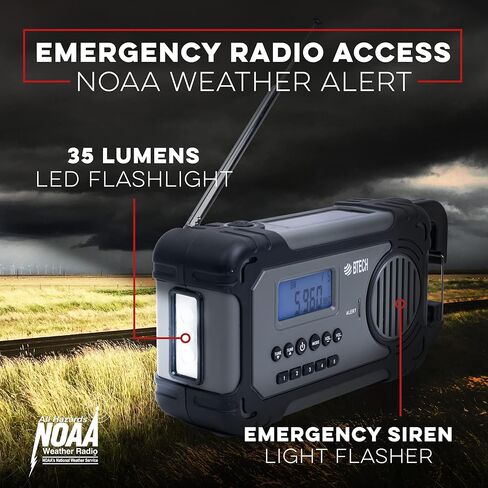BTECH ER-V1 راديو محمول يعمل بالطاقة الشمسية للطوارئ، مستقبل راديو AM/FM/NOAA/SW، 5 طرق للطاقة مع شاحن هاتف بنك الطاقة 2000 مللي أمبير في الساعة، شاحن USB ومصباح LED in Kuwait