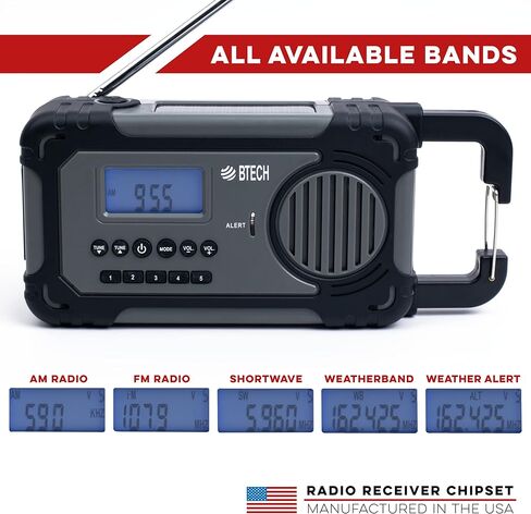 BTECH ER-V1 راديو محمول يعمل بالطاقة الشمسية للطوارئ، مستقبل راديو AM/FM/NOAA/SW، 5 طرق للطاقة مع شاحن هاتف بنك الطاقة 2000 مللي أمبير في الساعة، شاحن USB ومصباح LED in Kuwait