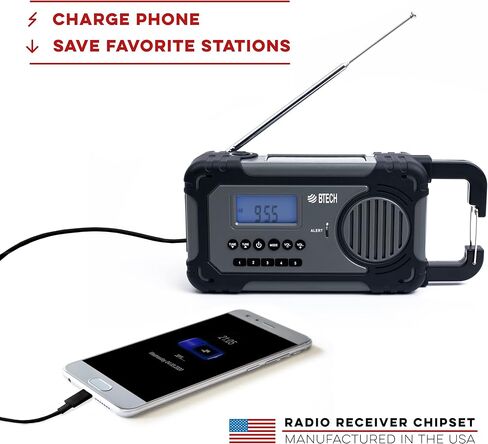 BTECH ER-V1 راديو محمول يعمل بالطاقة الشمسية للطوارئ، مستقبل راديو AM/FM/NOAA/SW، 5 طرق للطاقة مع شاحن هاتف بنك الطاقة 2000 مللي أمبير في الساعة، شاحن USB ومصباح LED in Kuwait