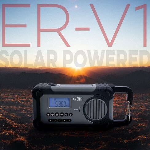 BTECH ER-V1 راديو محمول يعمل بالطاقة الشمسية للطوارئ، مستقبل راديو AM/FM/NOAA/SW، 5 طرق للطاقة مع شاحن هاتف بنك الطاقة 2000 مللي أمبير في الساعة، شاحن USB ومصباح LED in Kuwait