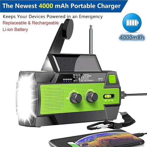 【2023 Upgraded】Emergency Solar Hand Crank Radio, 4000mAh Portable Weather Radio, AM/FM/NOAA, 3 Gear LED Flashlight, Motion Sensor Reading Lamp, Phone Charger, SOS Alert & Compass for Home and Outdoor in Kuwait