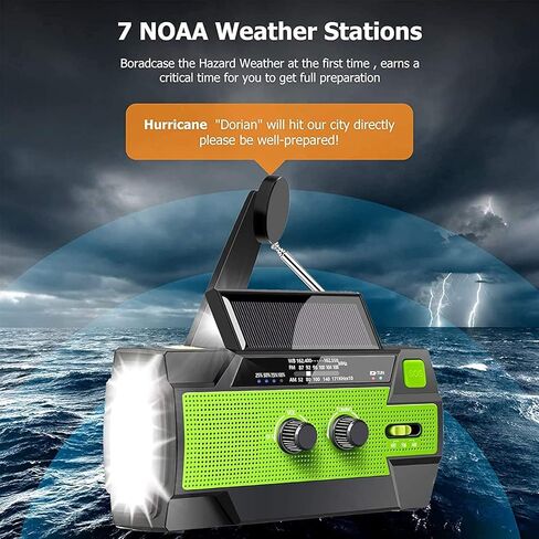 【2023 Upgraded】Emergency Solar Hand Crank Radio, 4000mAh Portable Weather Radio, AM/FM/NOAA, 3 Gear LED Flashlight, Motion Sensor Reading Lamp, Phone Charger, SOS Alert & Compass for Home and Outdoor in Kuwait