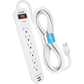 الطاقة الرقمية 6 منافذ + 2 USB 1050 Joule Surge Protector Power Strip مع سلك تمديد طويل 15 قدم، أبيض، مدرج في قائمة UL in Kuwait