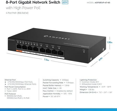 محول Amcrest ذو 8 منافذ مع 4 منافذ POE+ 802.3af/at 60W، غلاف معدني، (AGPS8E4P-AT-60) in Saudi Arabia
