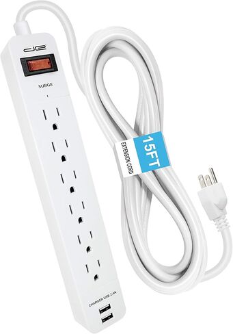 Digital Energy 6-Outlet + 2 USB 1050 Joule Surge Protector Power Strip with 15-Ft Long Extension Cord, White, UL Listed in Saudi Arabia